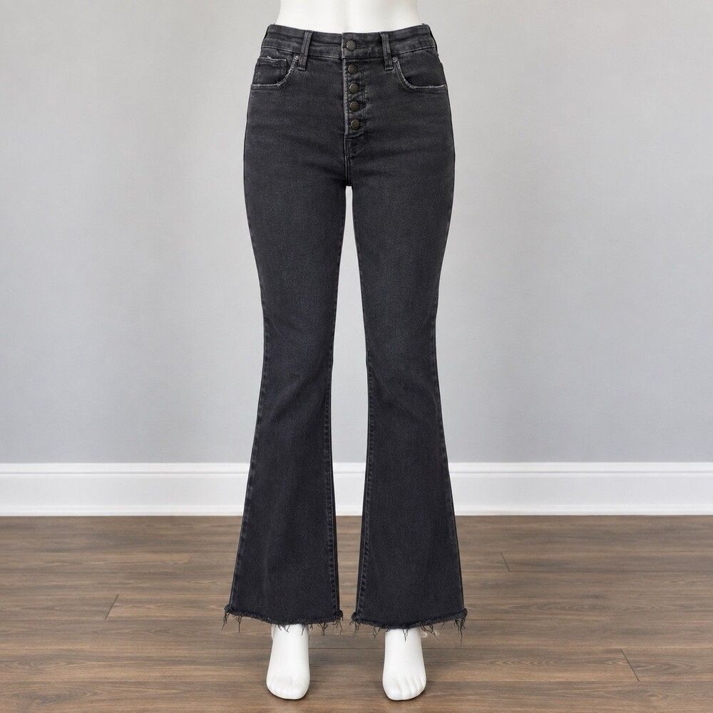 Good American Black Flare Jeans Womens 2 26 High Rise Button Fly Raw Hem Y2K